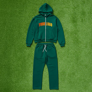 Haute qualité coupe ample couleur unie sweats à capuche zippés Baggy Jogger ensemble tenue décontracté respirant 100% coton polaire survêtement pour hommes - Product Image 1