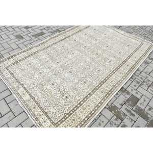 Tapis turc 5,3x8,2 pieds, tapis oriental vintage en laine blanc et marron - Product Image 2