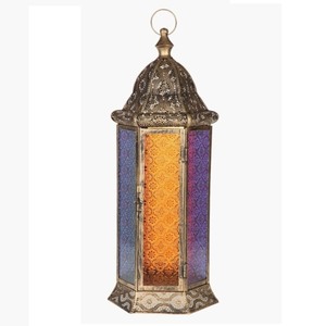 Pure Brass <b>Vintage</b> Embossed <b>Lantern</b> With Multi Color Glass & Polish Finished For Tabletop Decor Arabic <b>Lantern</b> For Decoration - Product Image 1