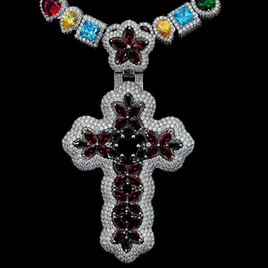 Trendy Iced Out Multicolor <b>Cross</b> <b>Necklace</b> VVS Moissanite Diamond Silver Statement Chains - Product Image 4