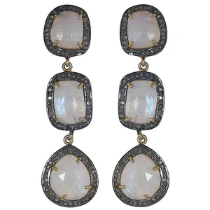Boucles d'oreilles pendantes vintage plaquées or avec pierre de lune et opale, bijoux de fête pour femme, sertissage clos, forme géométrique, argent - Product Image 3