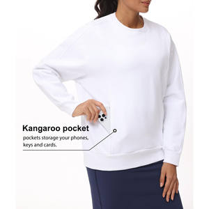 <b>Women's</b> Winter Sweatshirts <b>White</b> Crewneck Loose Front Welted Pockets Oversized Drop Shoulder Long Sleeves 100% Cotton Fleece - Product Image 3
