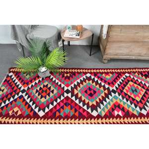 Alfombra roja Kilim turca Vintage 2.8x12ft lana de área grande con patrón de retazos de respaldo de látex para pasillo o habitación de adolescentes - Product Image 2