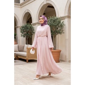 Robe de soirée en mousseline de soie rose poudré, coupe trapèze, avec broche dorée et boléro, confortable, tailles XS-XXL, pour les soirées - Product Image 1