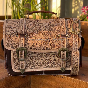 Conjunto de maletín y equipaje de cuero con herramientas manuales de alta calidad, bolsos con ruedas florales occidentales con combinación de maleta de viaje Vintage de piel de vaca - Product Image 3