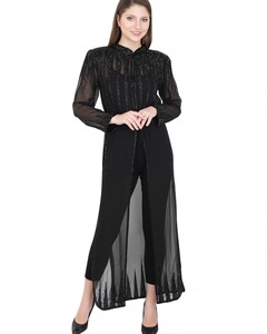 Haut de gamme modeste ouvert devant Kimono Style caftan Abaya femmes brodé à la main Appliques paillettes naturel écologique crêpe - Product Image 1