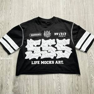 Personalizado 100% algodón peso pesado costura inversa apenado bordado parche boxy recortada camiseta hombres impreso camisetas hombres - Product Image 1