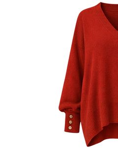 Customized Rust Red <b>Womens</b> Oversized Knit Sweater V Neck Button Cuff Design Soft Winter Pullover Casual Loose Fit Fashion Top - Product Image 3