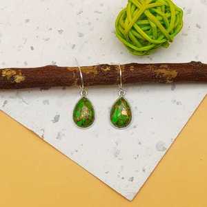 Handcrafted 925 <b>Sterling</b> <b>Silver</b> <b>Earring</b> Green Copper Turquoise Drop Shape with <b>Pearl</b> Wedding or Birthday Gift for Bride - Product Image 1