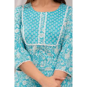 Light Blue Chiffon Floral Print Kurta with Yoke Design Three Quarter Sleeves & Coordinating Trousers & Dupatta - Product Image 6