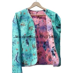 Chaqueta Reversible Floral de Patchwork Kantha Indio, Acolchada de Algodón Transpirable, Ecológica y Hecha a Mano, para Otoño e Invierno, para Mujer - Product Image 5