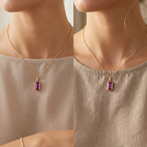 Colgante Cristiano de Plata de Ley Chapado en Oro con Circonita Cúbica Rubí de 8-10mm, Engastado a Mano en Bisel, Forma Baguette, Mes de Nacimiento de Julio - Product Image 6