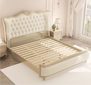 Juego de Muebles de Dormitorio de Lujo Europeo de Mediados de Siglo, Cama Suave de Madera de Teca Maciza Tallada a Mano, 2 Mesitas de Noche, Tapizado Premium - Product Image 3