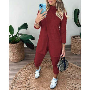 Conjunto de Dos Piezas para Mujer, Blusa de Manga Larga con Cuello Alto y Botones Delanteros y Pantalones Suaves, 20332 - Borgoña - Product Image 3