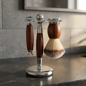 Professional Stainless Steel Shaving Grooming <b>Set</b> with Wooden Handle Brush and <b>Razor</b> Stand for Shaving Convenience - Product Image 4