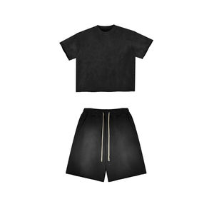 2025 hommes impression personnalisée Boxy surdimensionné court Streetwear unisexe 100% coton délavé à l'acide brut coupe ourlet blanc ensemble de shorts - Product Image 1