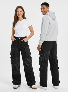 Women High Waist Unisex Denim Cargo Pants Wide Leg Multi Pocket Streetwear Loose Fit Utility Casual Denim <b>Jeans</b> Pants - Product Image 2