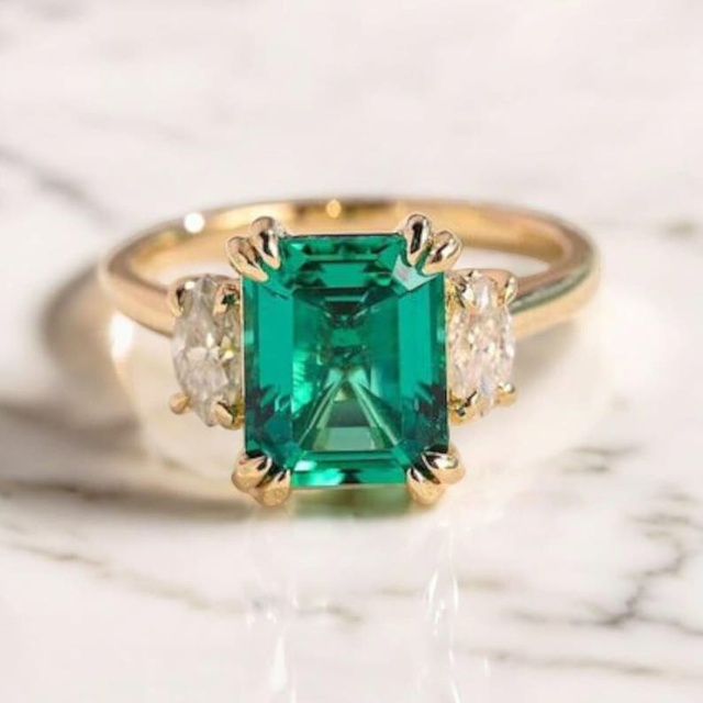 Vintage Emerald Cut Emerald Engagement Ring Three Stone Solid 925 Sterling Silver 14K Gold Plated IGI Certified Luxury Ring