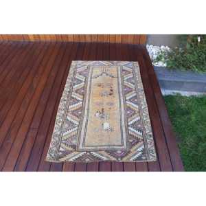 Turkish Vintage Rug, Small 2.9x4.5 ft (87x137 cm) Rug, <b>Brown</b> Abstract <b>Wool</b> Rug - Product Image 1