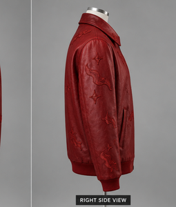 Blouson Bomber Moto Homme en Cuir PU Rouge, Zippé, Brodé, Gaufré, à Paillettes, Style Vintage, Vêtement d'extérieur Hiver - Product Image 3