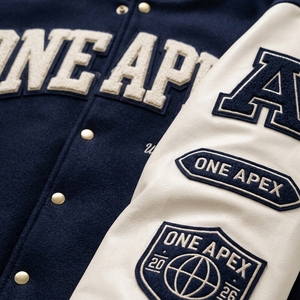 Custom ONEAPEX International Navy Blue White Varsity Letterman <b>Baseball</b> Chenille <b>Jacket</b> Wool Leather Sleeve Hooded OEM ODM - Product Image 4