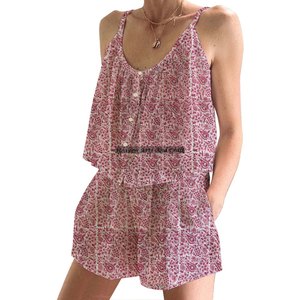Conjunto de Pijama Corto Estampado Transpirable para Mujer, Tejido de Algodón de Punto Floral, Conjunto de Pijama Ajustado sin Mangas con Tirantes para Mujer - Product Image 5