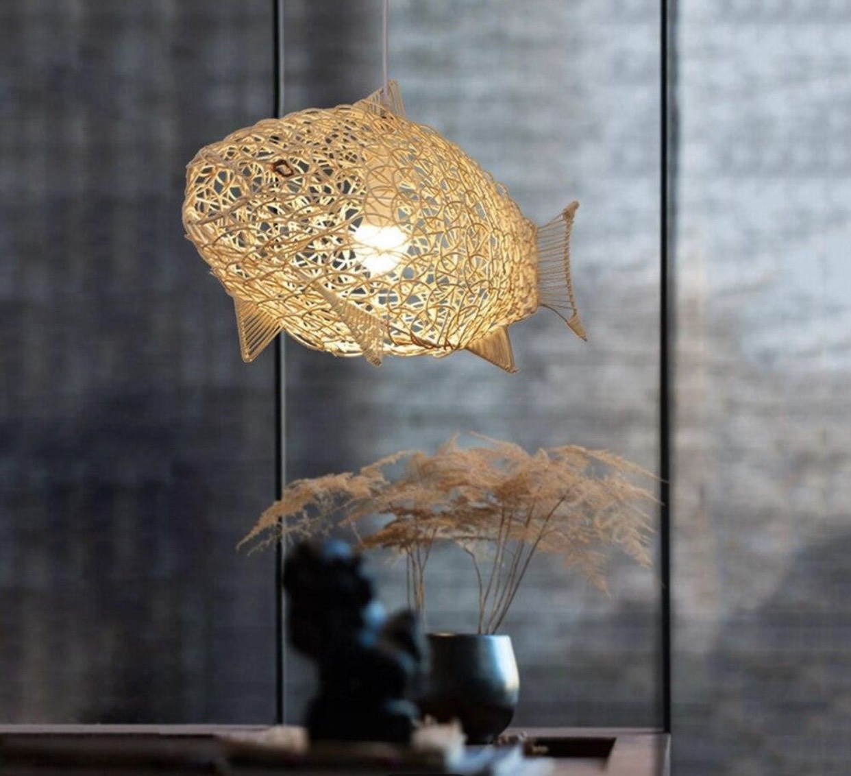 Koi Fish Rattan Lampenschirm - Traditioneller runder Bambusschirm