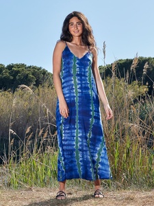 ชุดแมกซี่เดรสยาวมัดย้อมสำหรับผู้หญิงชุดเดรสชายหาดคอวีสไตล์ฮิปปี้โบฮีเมียน100% ธรรมชาติชุดเดรสแมกซี่สีน้ำเงิน - Product Image 5