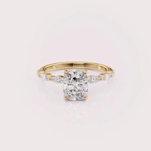 IGI Certified Cushion Cut Lab Grown Diamond Engagement Ring 14K White / Yellow & Rose Gold Marquise Side <b>Stone</b> Bridal Ring - Product Image 6