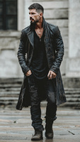 Manteau long en cuir véritable pour homme, tissu en laine, simple boutonnage, boutons en corne, 100% rembourrage en duvet, manteau écologique