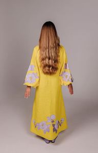 Robe col V en lin floral bohème ukrainien pour femmes jaune Ethinic brodé manches longues naturel respirant automne dos - Product Image 4