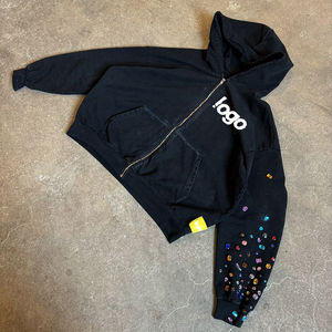 Custom Men's Rhinestone <b>Hoodie</b> with <b>Sleeve</b> Winter <b>Short</b> Solid Pattern Cordless Drawstring Plain Dyed Crystal Gemstone Design - Product Image 4