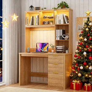 Escritorio de Computadora Moderno con Luces LED, Cajones Acanalados, Mesa de Estudio para Oficina en Casa con Estantes de Vidrio para Espacios Pequeños - Product Image 3