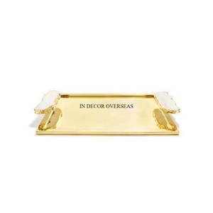 Plateau de service en métal plaqué or de haute qualité, forme rectangulaire, aspect brillant, pour fruits et bonbons avec poignées design uniques - Product Image 1
