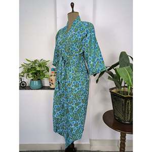 Boho House Luxurious Aqua Blue Floral Print Cotton <b>Kimono</b> Hand-Imprinted Indian Robe for Summer Elegant Cover-up for <b>Beach</b> - Product Image 5