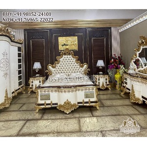 Juego clásico de cama y dormitorio pulido en oro blanco, lujosos muebles de dormitorio italianos de 5 piezas, juego de dormitorio de madera de teca de calidad superior - Product Image 1