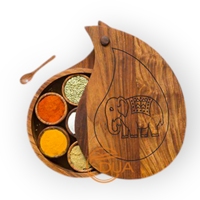 Masala Dabba en bois artisanal avec gravure d'éléphant Boîte à épices indienne traditionnelle pour les amateurs de cuisine