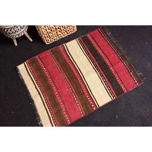 พรมตุรกีโบราณลายทางสีน้ำตาลและแดงแบบดั้งเดิมวัสดุขนสัตว์2 x 2.6ft พร้อมแผ่นรองยาง - Product Image 2