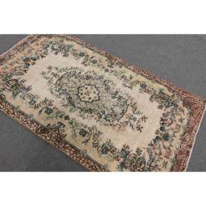 Alfombra turca Vintage de 3,8x6,7 pies, Beige, marrón, clásica, área grande, diseño de retazos rectangulares, Material de lana, látex, respetuoso con el medio ambiente - Product Image 4