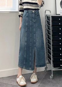 Falda midi vaquera de mujer con bordado floral, cintura alta, corte lápiz con abertura, estilo casual de verano, tela de algodón lavado a la piedra - Product Image 4