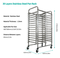 Chariot de cuisson en acier inoxydable à 15 niveaux et 30 plateaux, 1730x620x920mm, pour four