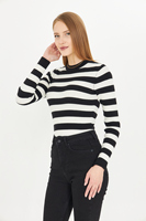 Suéter Casual de Mujer, Cuello Redondo, Manga Larga, Tejido de Canalé a Rayas