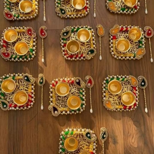 Beautiful Handcrafted <b>Gota</b> Work Square Tilak Platter with Tilak Stick for Wedding Welcoming Guests - Product Image 1