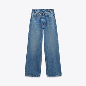 Jeans à jambes larges taille haute respirants d'été personnalisés par le fabricant, tendance streetwear pour femmes, denim décontracté, mignon, couleur foncée/ombre - Product Image 1