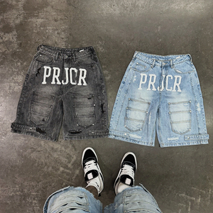 High Quality Custom Embroidery Logo Denim <b>Shorts</b> for <b>Men</b> Baggy Distressed Washed <b>Black</b> Streetwear Summer Fashion - Product Image 3