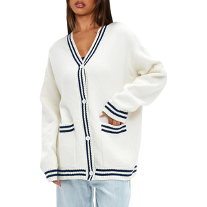 Pull cardigan en tricot vintage tendance pour femmes, col en V oversize, décontracté, tricot d'automne avec poches, commande en gros, mode 2025 - Product Image 4