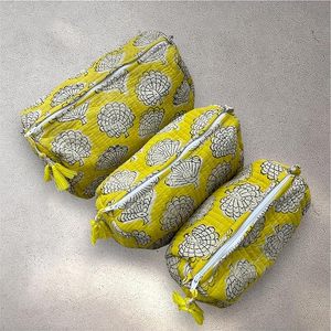 Handblock coton jaune foncé Vintage étui à cosmétiques écologique 3 pièces organisateur de voyage étanche sacs lavables en Machine maquillage - Product Image 2