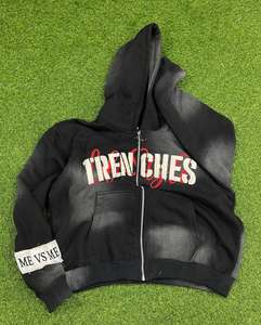 Sudadera con Capucha para Hombre, Estilo Vintage, Personalizada por el Fabricante, de Felpa Francesa, Corta, con Estampado Puff, Cierre de Cremallera, Lavado Ácido Desgastado, con Gráficos de Pedrería - Product Image 6