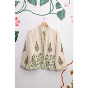 Green Leaf Block Print Quilted <b>Jacket</b> for <b>Ladies</b> <b>Lightweight</b> PU Leather Bomber Varsity Style Boho Blazer Pattern Short Length XL - Product Image 1