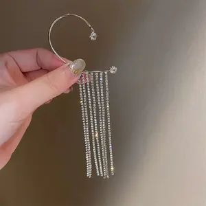 Lüks parlak kristal Rhinestone uzun püskül kulak manşet hiçbir deldi kulak klipsi küpe kadınlar için düğün kore Trend takı